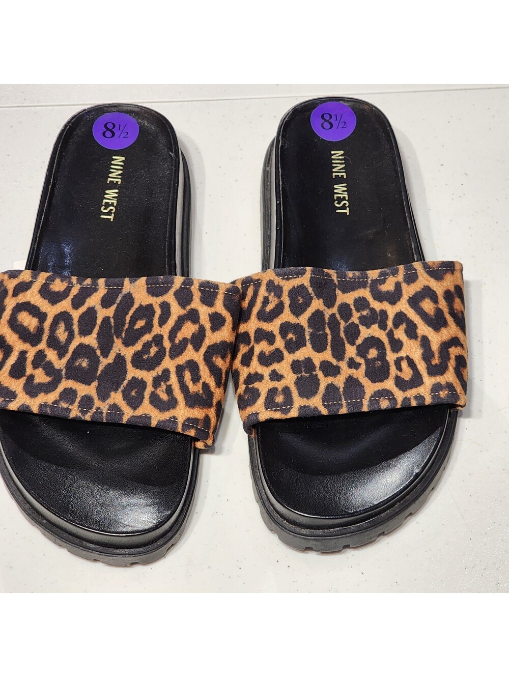 Nine West Animal Print Slide Sandals Black Brown Textile Slip On Women's 8.5M